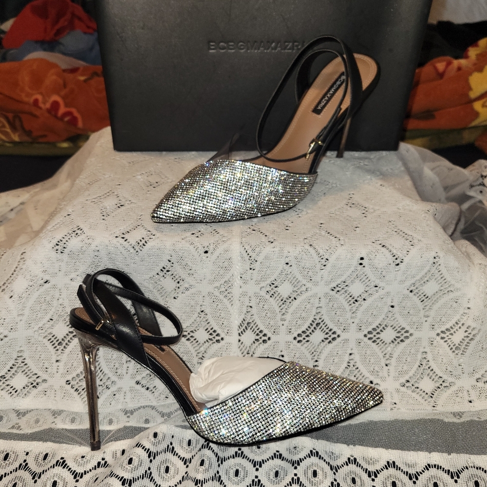 BCBGMaxAzria Glittering Silver and Black Heels GIGI size 7 NIB